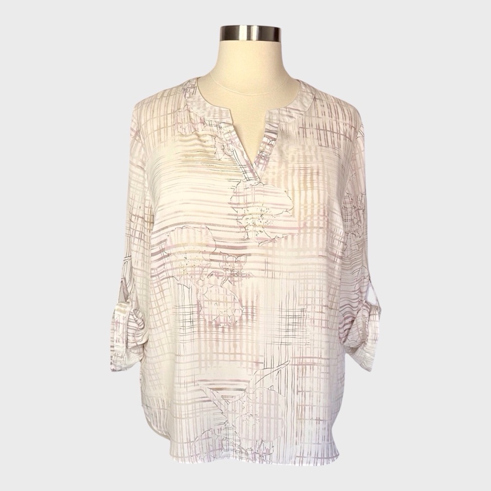 NWT Cato Abstract Print‎ Split Neck Roll Tab Sleeve Blouse